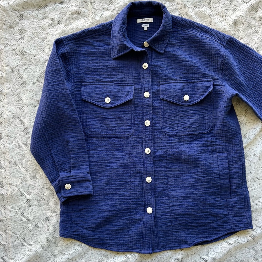 Madewell blue button up oversized shirt jacket shacket pockets medium